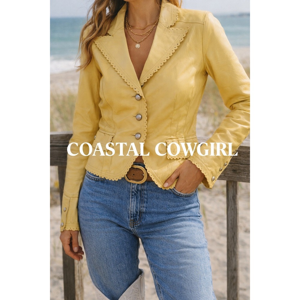 Vintage Y2K Cami Yellow Leather Jacket‎ Scalloped Western Cowgirl Womens 10
